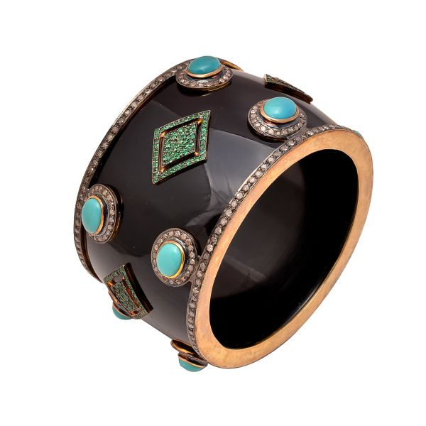925 Sterling Silver Diamond Bangle With Bakelite, Turquoise, Emerald Stone - J-1064