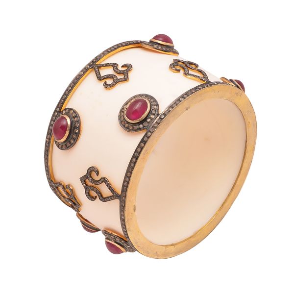 925 Sterling Silver Gold Black Rhodium Bangle Studded with   Bakelite, Ruby Stone - J-1075