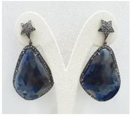 Victorian Jewelry, Silver Diamond Earring With Rose Cut Diamond And Sapphire  In 925 Sterling Silver Gold, Black Rhodium Plating. J-2025
