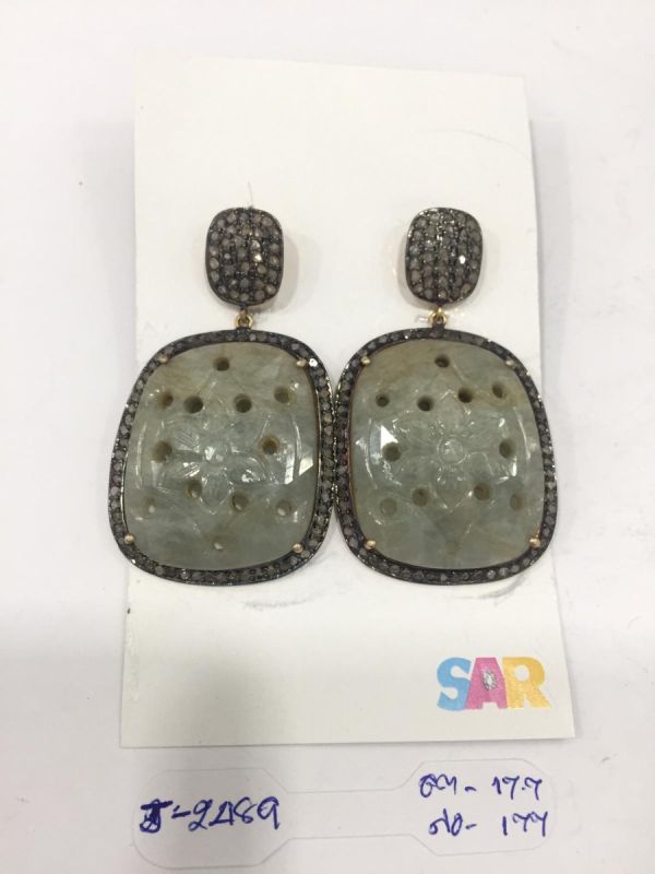 Victorian Jewelry, Silver Diamond Earring With Rose Cut Diamond, And Sapphire Stone Studded In 925 Sterling Silver, Gold/ Black Rhodium Plating. J-2489