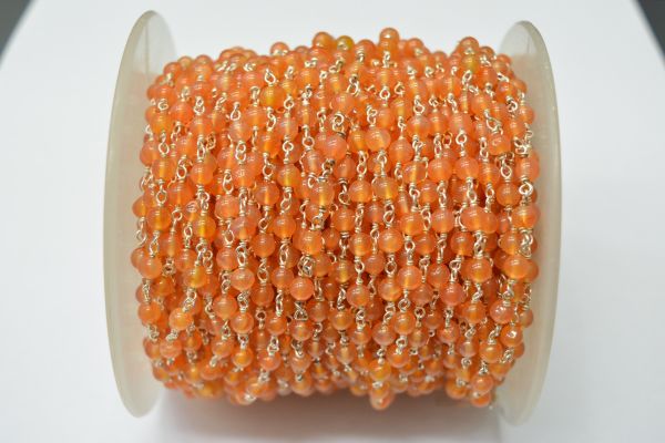 925 Sterling Silver Gold Plated Gorgeous Round Ball Shape 5.00mm Wire Wrapped Rosary Chain With carnelian   Stone . Sold By foot, ROS2-5674