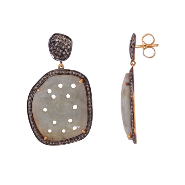 Victorian Jewelry, Diamond Earring With Rose Cut Diamond And Sapphire Stone Studded In 925 Sterling Silver Gold Plating. J-110