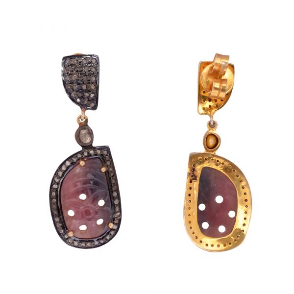 Victorian Jewelry, Silver Diamond Earring With Rose Cut Diamond And Sapphire Stone Studded In 925 Sterling Silver Gold Plating. J-251