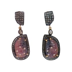 Victorian Jewelry, Silver Diamond Earring With Rose Cut Diamond And Sapphire Stone Studded In 925 Sterling Silver Gold Plating. J-251