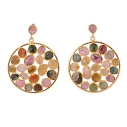 Victorian Jewelry, Silver Earring With Rose Cut Multi Sapphire Stone Studded In 925 Sterling Gold Plating. J-40